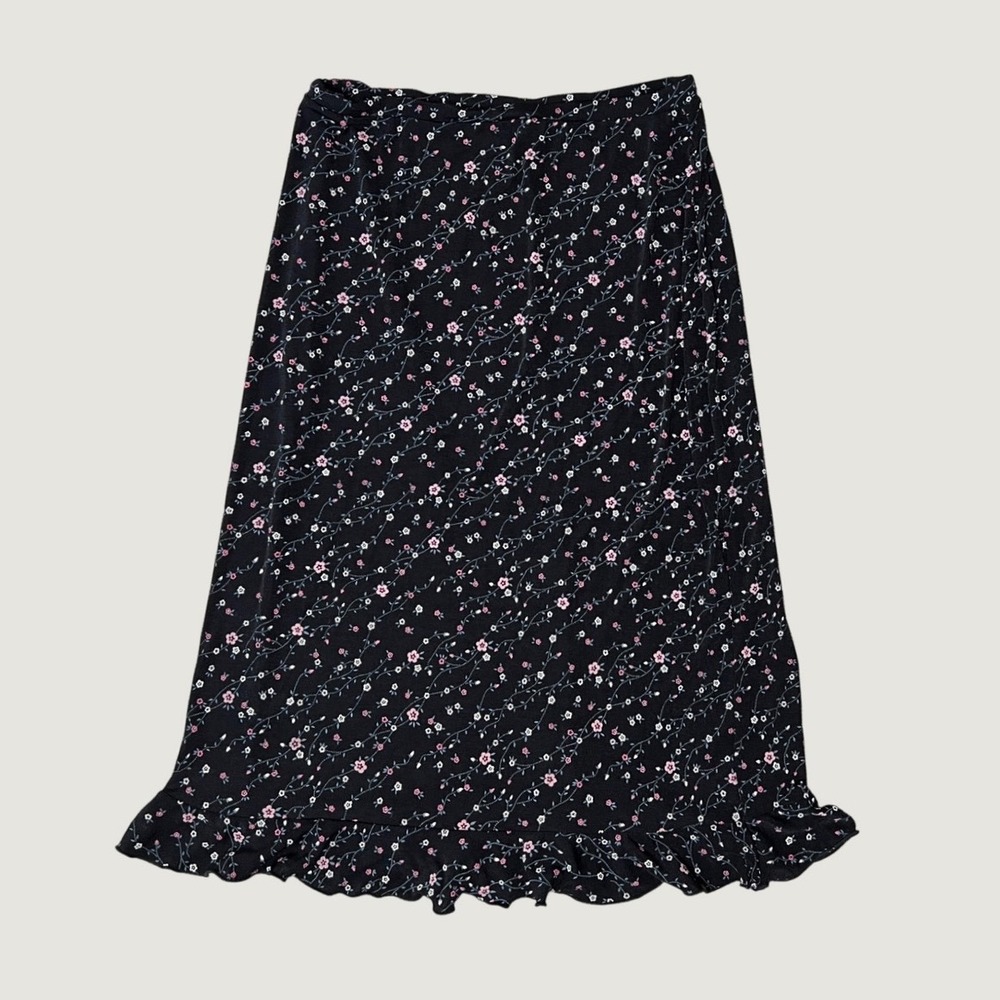 Vintage 90s Ditsy Floral Black Midi Skirt Ruffle Hem Tape Measure - Size Large